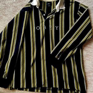Obey green and black stripped collard shirt